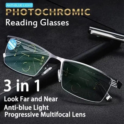 Photochromic reading glasses with anti-blue light and multifocal lenses on a dark background.