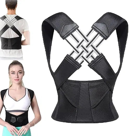 Black posture corrector with two people wearing it on a white background