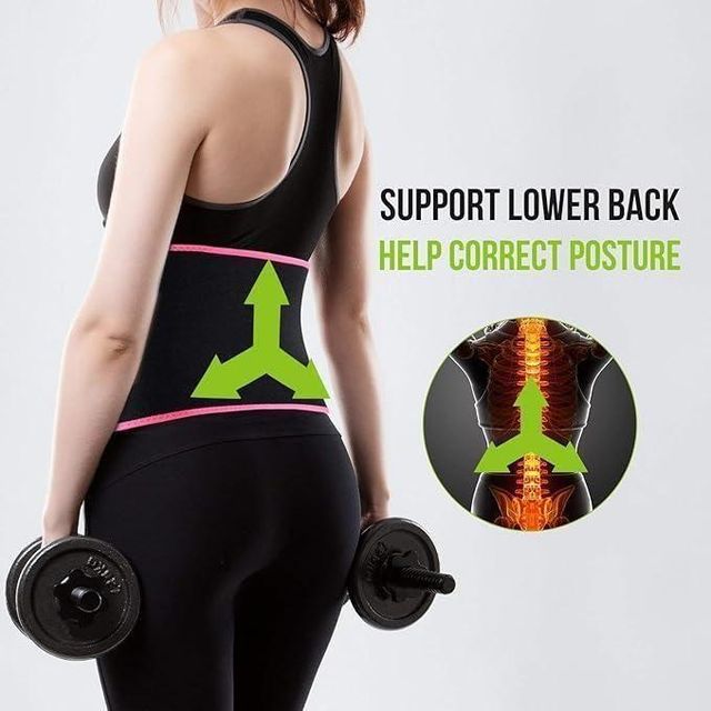 Person wearing a black tank top with green and pink design, holding dumbbells, and an inset showing a spine diagram.