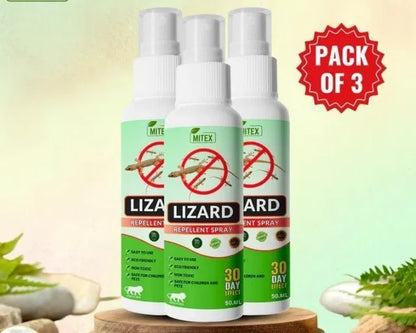 Three LIZZA Lizard Repellent Spray bottles with a 'Pack of 3' label on a natural background.
