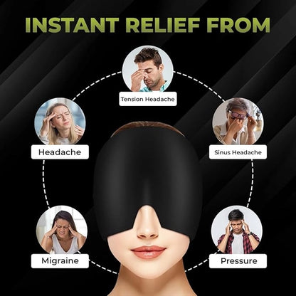 Black sleep mask with缓解各种头痛和压力症状的图标