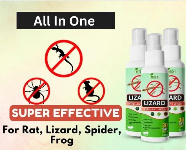 Three bottles of Lizard Repellent Spray with icons and text on a light background