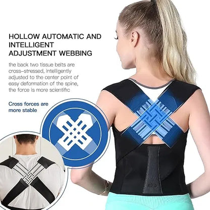 Woman wearing a black posture corrector with text and diagram on a white background