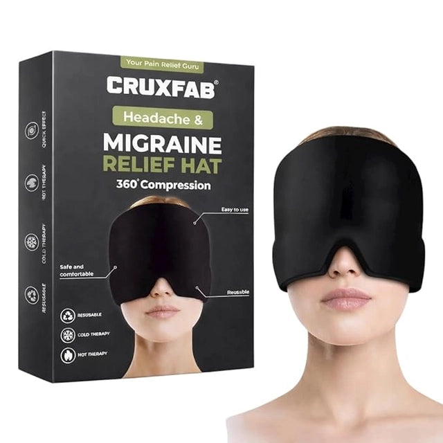 Cruxfab headache and migraine relief hat with packaging on a white background