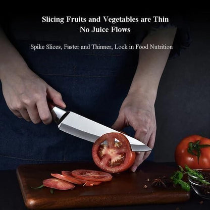 Person slicing a tomato on a wooden cutting board with text about knife performance.