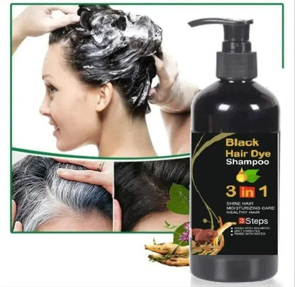 Black hair dye shampoo bottle with a woman applying it to her hair, showing before and after effects.