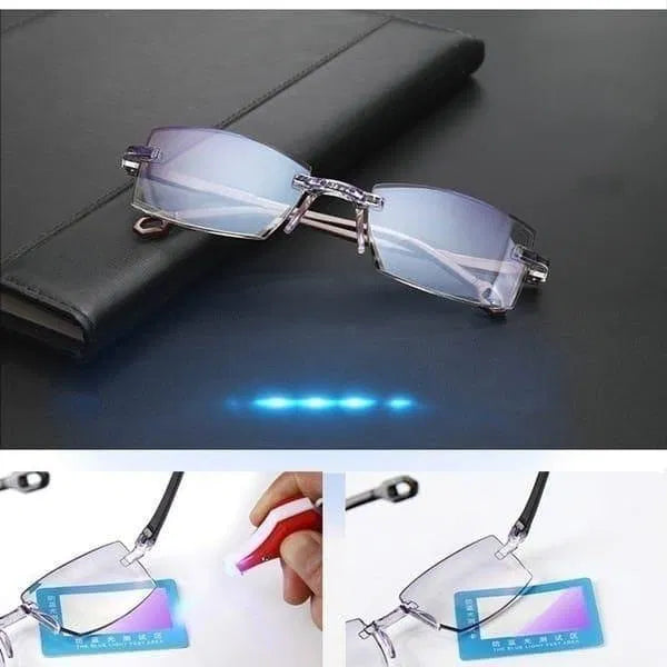 Sunglasses with blue lenses on a dark surface, with additional images of the sunglasses being used.