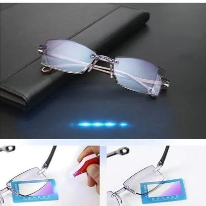 Sunglasses with blue lenses on a dark surface, with additional images of the sunglasses being used.