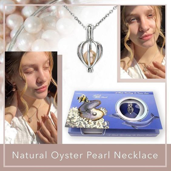 Collage of a natural oyster pearl necklace with packaging and close-up shots.