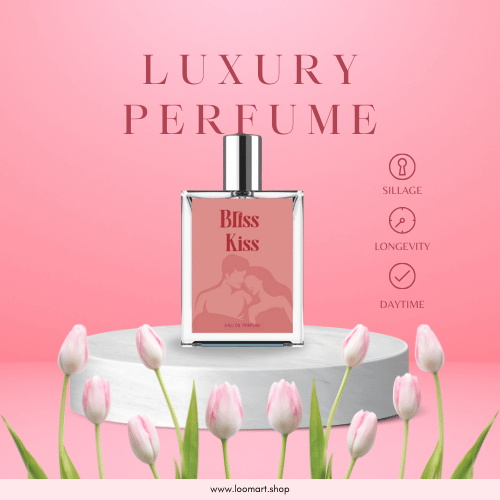 Perfume bottle labeled 'Bliss Kiss' on a pink background with tulips.